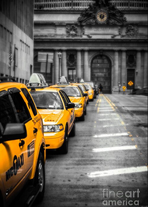 Nyc Greeting Card featuring the photograph Yellow Cabs waiting - Grand Central Terminal - bw o by Hannes Cmarits