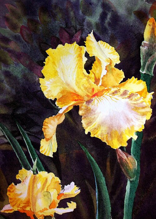 Iris Greeting Card featuring the painting Yellow Iris by Irina Sztukowski