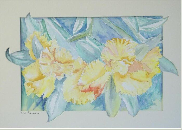 Yellow Flowers Greeting Card featuring the painting Yellow Iris' by Wanda Dansereau