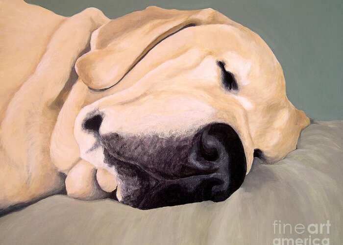  Lab Greeting Card featuring the painting Yellow Lab - A Head Pillow Is Nice by Amy Reges