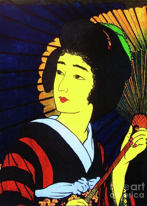 Figurative Greeting Card featuring the painting Yellow Moon Geisha by Thea Recuerdo