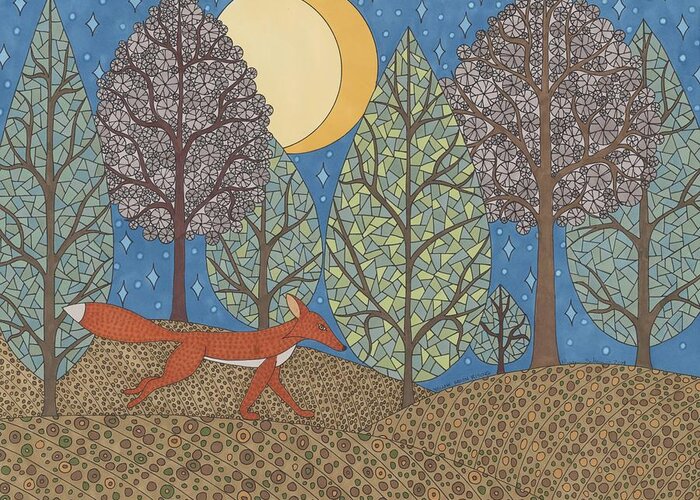 Fox Greeting Card featuring the drawing Yellow Moon Rising by Pamela Schiermeyer