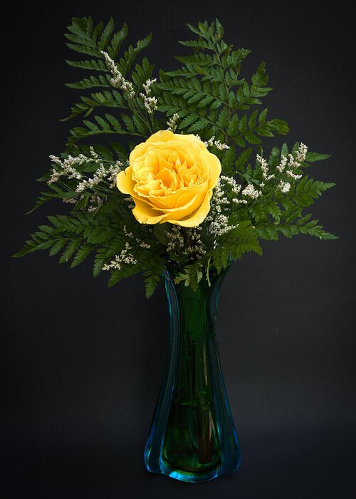 Yellow Rose In Blue Green Vase Photograph Greeting Card featuring the photograph Yellow Rose by Kenneth Cole