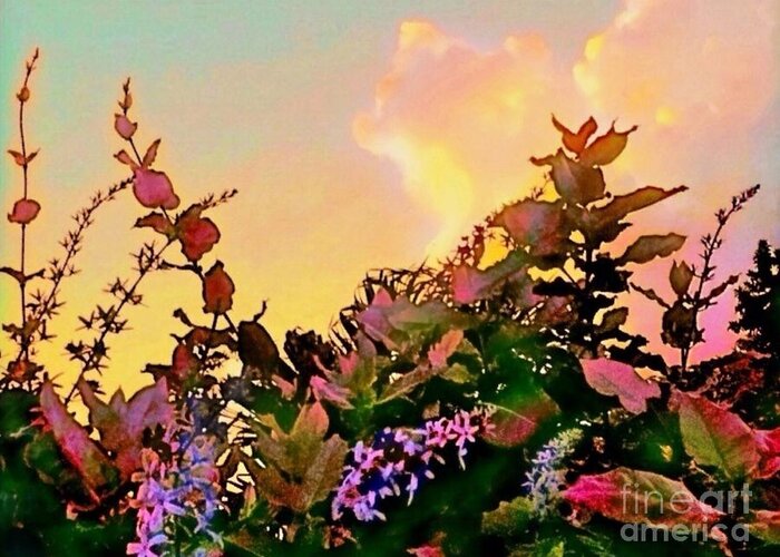 Sharkcrossing Greeting Card featuring the digital art H Yellow Sunrise with Flowers - Horizontal by Lyn Voytershark