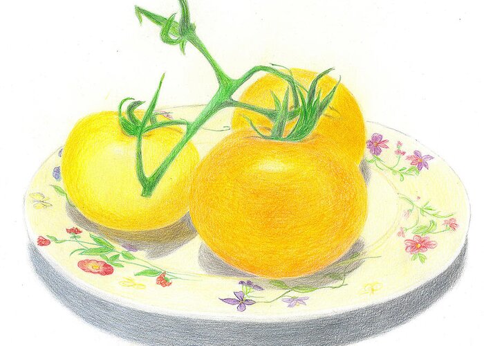Tomatoes Greeting Card featuring the painting Yellow Tomatoes by Loraine LeBlanc
