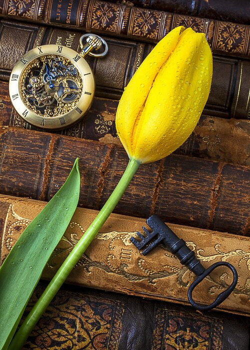 Tulip Greeting Card featuring the photograph Yellow tulip on old books by Garry Gay