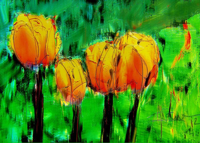 Flowers Garden Tulips Yellow Print Painting mixed Media Canvas Acrylic Metal Greeting Card featuring the mixed media Yellow Tulips by Jim Vance