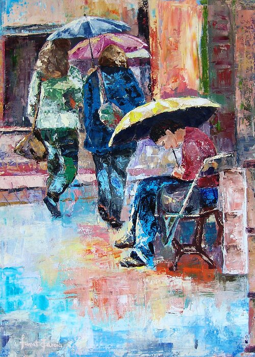 Raining Greeting Card featuring the painting Yellow Umbrella by Janet Garcia