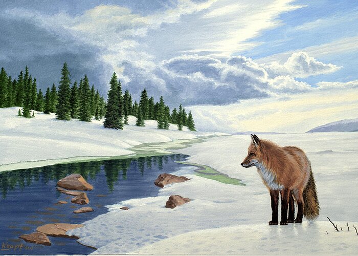 Fox Greeting Card featuring the painting Yellowstone Fox by Paul Krapf