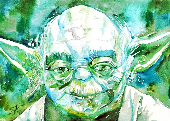 Yoda Greeting Card featuring the painting Yoda Watercolor Portrait by Fabrizio Cassetta