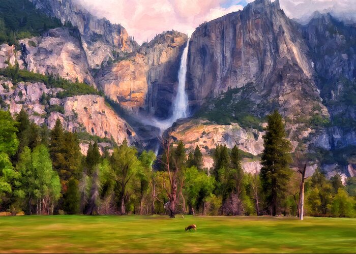 National Park Greeting Card featuring the painting Yosemite Falls by Michael Pickett