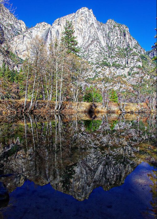 Blue Sky Greeting Card featuring the photograph Yosemite Falls Winter Reflection by Scott McGuire
