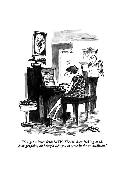 
(man Reads A Letter To His Wife Who Is Playing The Piano)
Entertainment Greeting Card featuring the drawing You Got A Letter From Mtv. They've Been Looking by Robert Weber