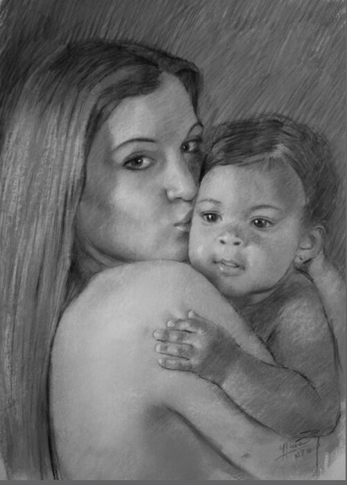 Young Mother Greeting Card featuring the drawing Young Mother with her Baby by Viola El