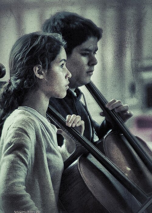 Two Cello Players Greeting Card featuring the photograph Young Musicians Impression # 38 by Aleksander Rotner