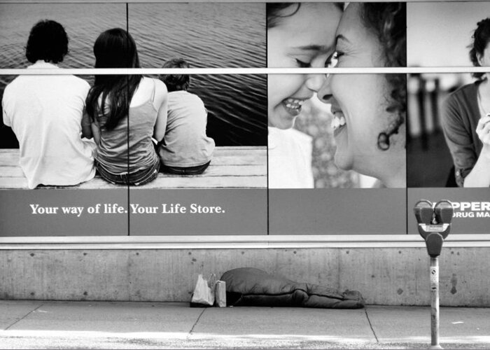 Homeless Asleep On Street Greeting Card featuring the photograph Your Life Store by Douglas Pike