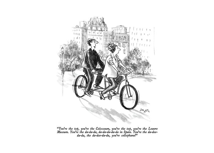 

 A Man On A Bicycle Built For 2 Sings To His Wife. 
Marriage Greeting Card featuring the drawing You're The Top by Charles Saxon