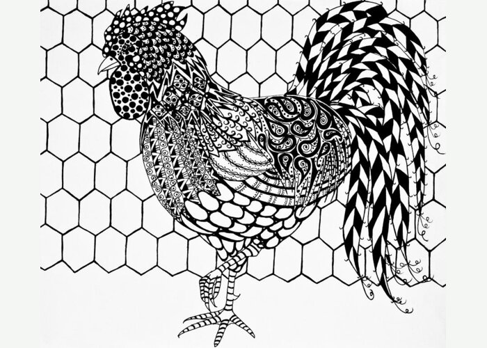 Rooster Greeting Card featuring the drawing Zentangle Rooster by Jani Freimann