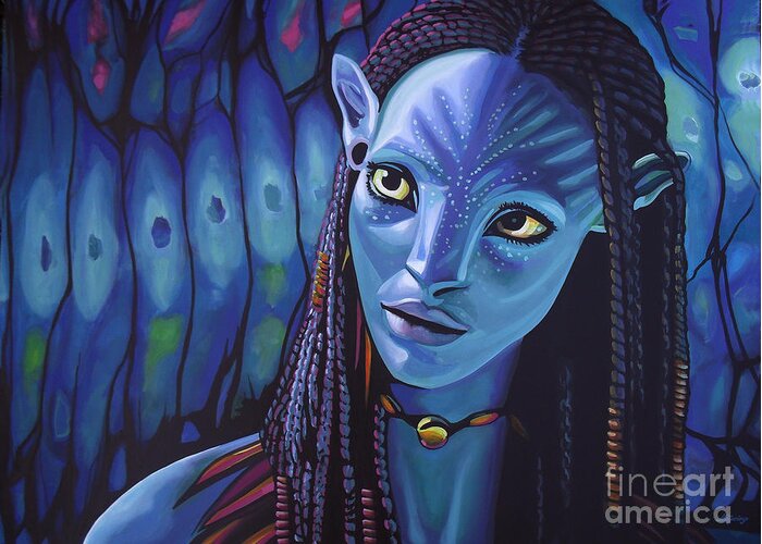 Avatar Greeting Card featuring the painting Zoe Saldana as Neytiri in Avatar by Paul Meijering