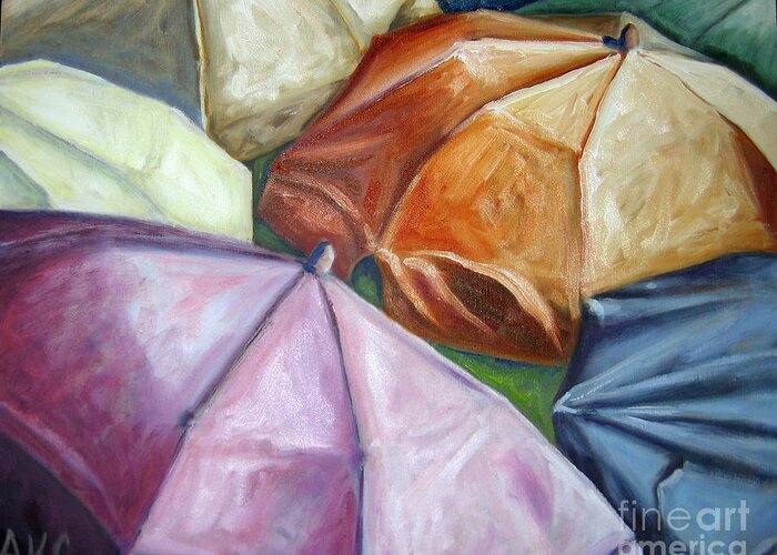 Umbrellas Greeting Card featuring the painting 01132 Beach Umbrellas by AnneKarin Glass