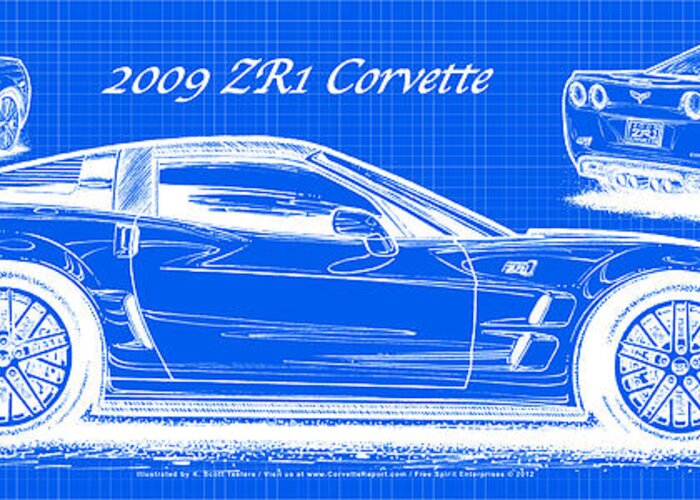 2009 Zr1 Corvette Greeting Card featuring the digital art 2009 C6 ZR1 Corvette Blueprint #1 by K Scott Teeters