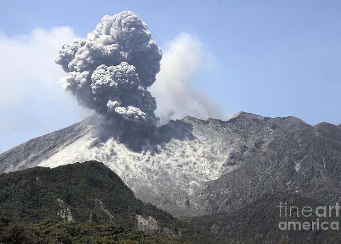 Volcanic Landscape Greeting Card featuring the photograph Ash Cloud Eruption From Sakurajima #1 by Richard Roscoe