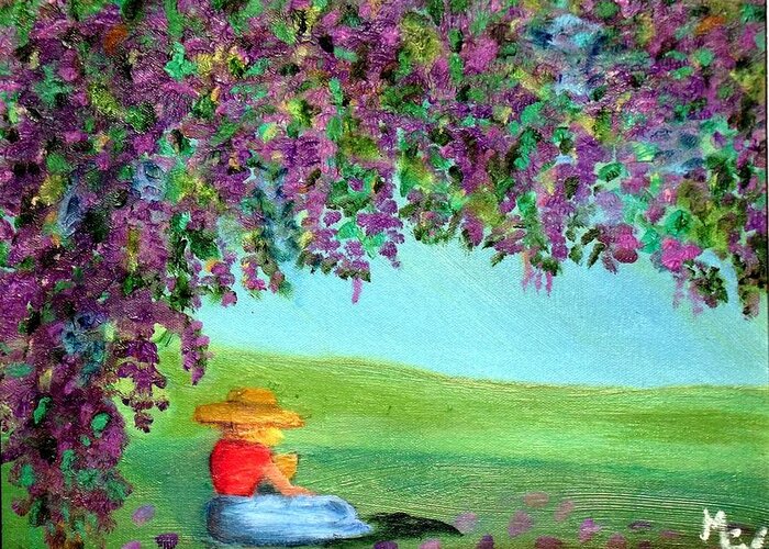 Wisteria Original Oil Painting Greeting Card featuring the painting Beyond the Arbor by Margaret Harmon