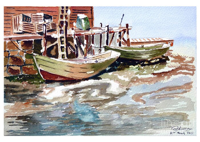 Boats Greeting Card featuring the painting Boats At The Pier by Godwin Cassar