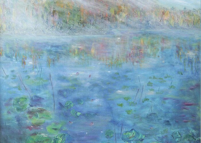 Impressionistic Painting In Oil Of Fall By A Lake. Lake And Water Lilies. Blue Lake And Fall Foliage Greeting Card featuring the painting Fall on the Lake by Barbara Anna Knauf