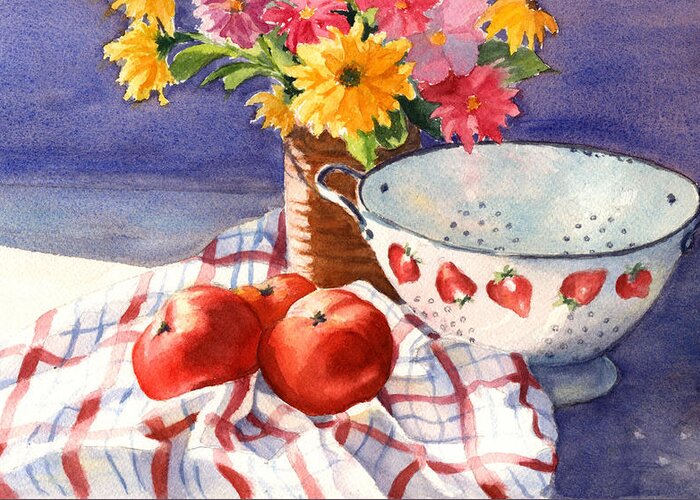 Tomatoes Greeting Card featuring the painting From the Farmstand #1 by Vikki Bouffard