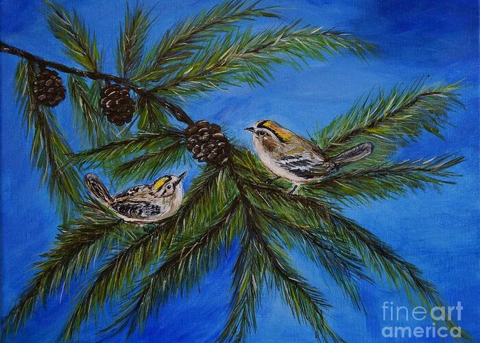 Birds Greeting Card featuring the painting Golden Crowned Kinglets #1 by Leslie Allen