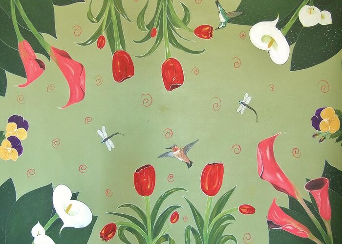 Hummingbird Greeting Card featuring the painting Hummingbird Garden #1 by Cindy Micklos