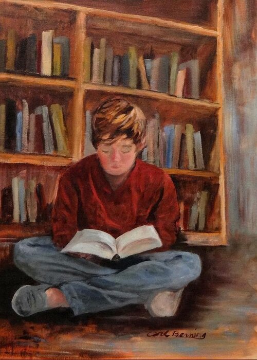 Boy In Library Greeting Card featuring the painting In a Land Far Away by Carol Berning