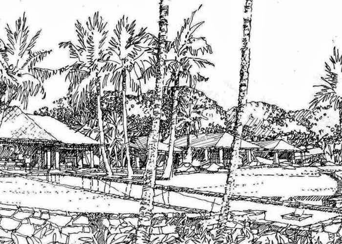 Simple Linework Hawaiian Residence Lanscape Greeting Card featuring the drawing Kukio Estate #1 by Andrew Drozdowicz