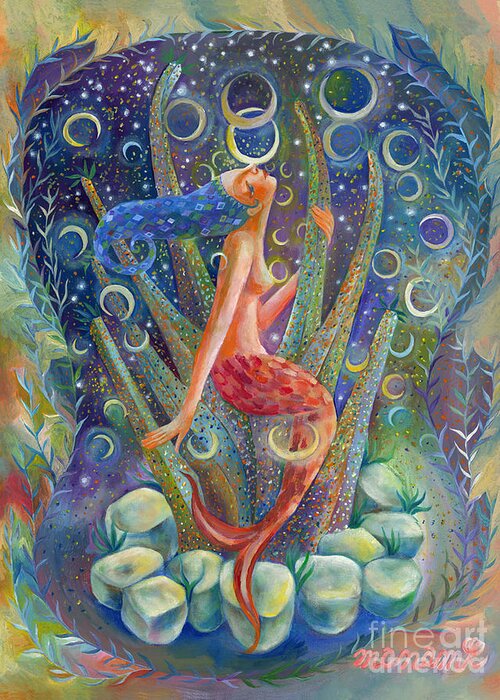 Moon Greeting Card featuring the painting Mermaid Moon #1 by Manami Lingerfelt