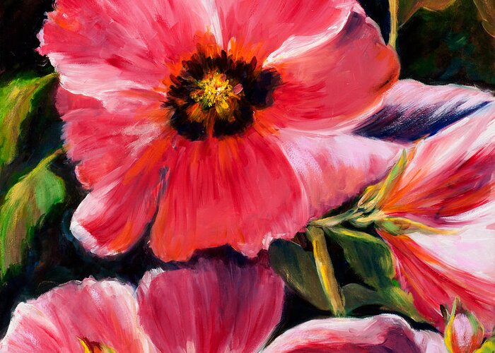Beautiful Hot Pink Flowers Prints Greeting Card featuring the painting Pink Hollyhocks #1 by Pati Pelz