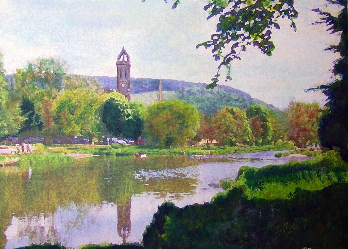  Reflections Greeting Card featuring the painting River walk reflections Peebles #1 by Richard James Digance