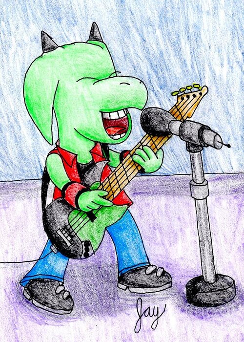 Cartoon Greeting Card featuring the drawing Jett the Alien Bassist by Jayson Halberstadt