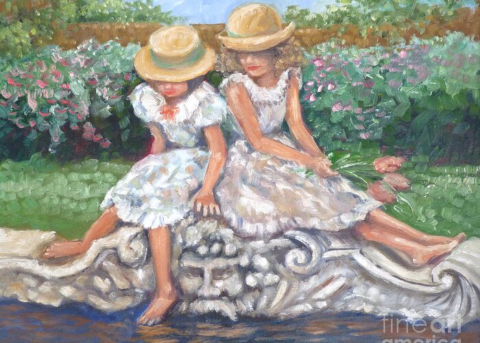 Garden Greeting Card featuring the painting Sisters at the Fountain #1 by Audrey Peaty