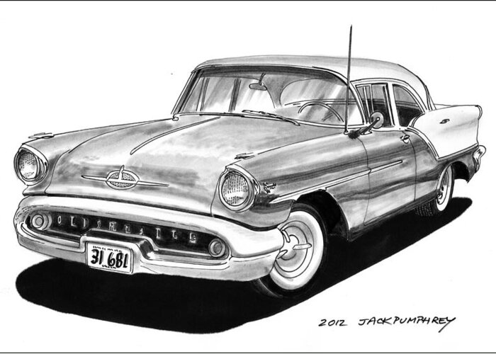 See This Artwork Of A 1957 Oldsmobile Super 88 By Jack Pumphrey At The 2017 Oldsmobile National Meets In Albuquerque Greeting Card featuring the painting Oldsmobile Super 88 by Jack Pumphrey