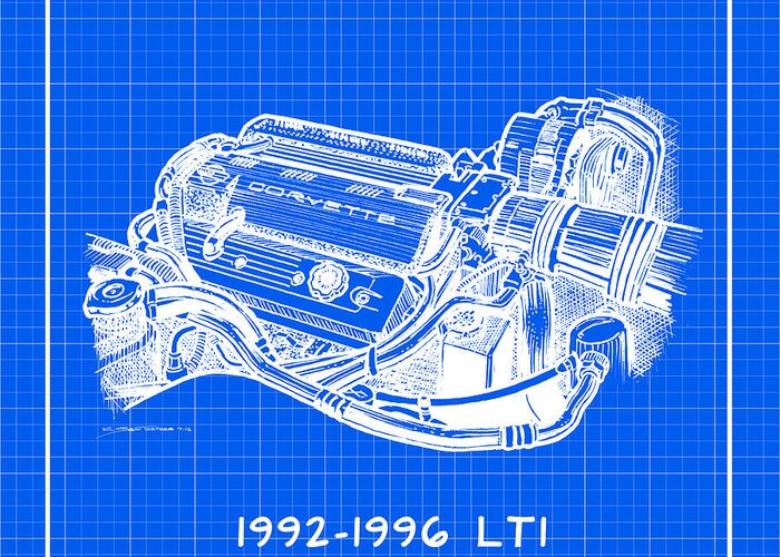 Corvette Greeting Card featuring the drawing 1992-1996 LT1 Corvette Engine Reverse Blueprint by K Scott Teeters