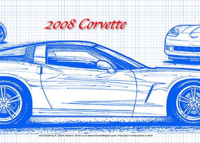2008 Corvette Greeting Card featuring the digital art 2008 Corvette Blueprint by K Scott Teeters