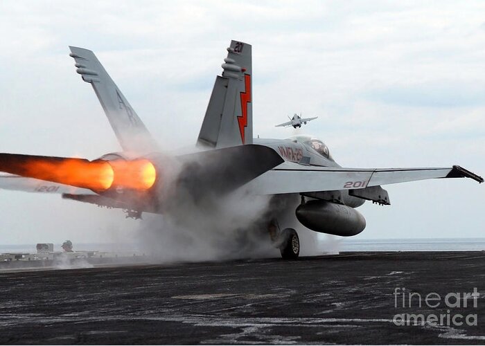 Horizontal Greeting Card featuring the photograph An Fa-18c Hornet Launches #3 by Stocktrek Images