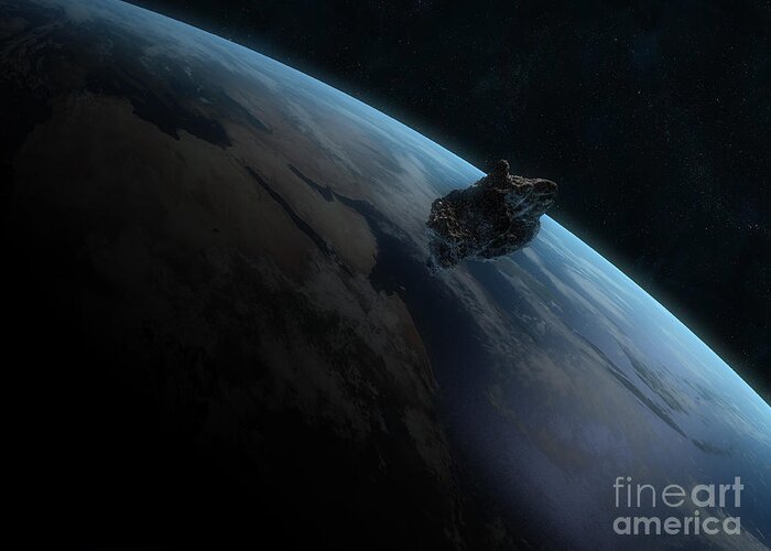 Horizontal Greeting Card featuring the digital art Asteroid In Front Of The Earth #3 by Carbon Lotus