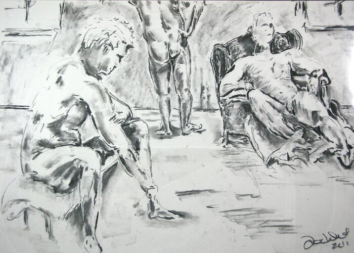 Nudes Greeting Card featuring the drawing 3 Men Relaxing by Brian Sereda
