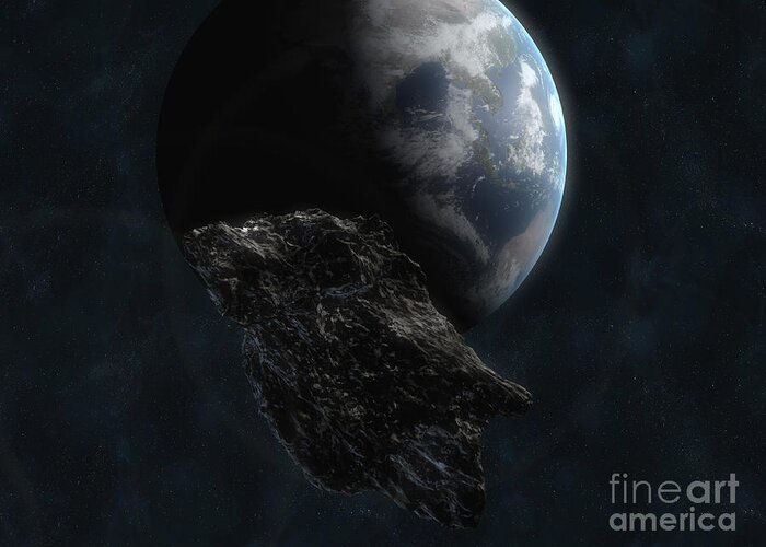 Horizontal Greeting Card featuring the digital art Asteroid In Front Of The Earth #5 by Carbon Lotus