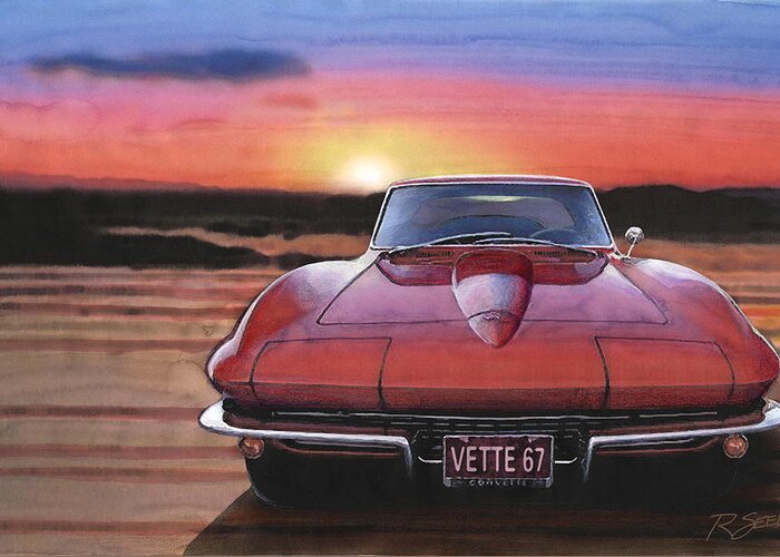 Corvette Greeting Card featuring the painting '67 Corvette Sunset #67 by Rod Seel