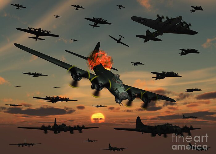 Enemy Greeting Card featuring the digital art A B-17 Flying Fortress Is Set Ablaze by Mark Stevenson
