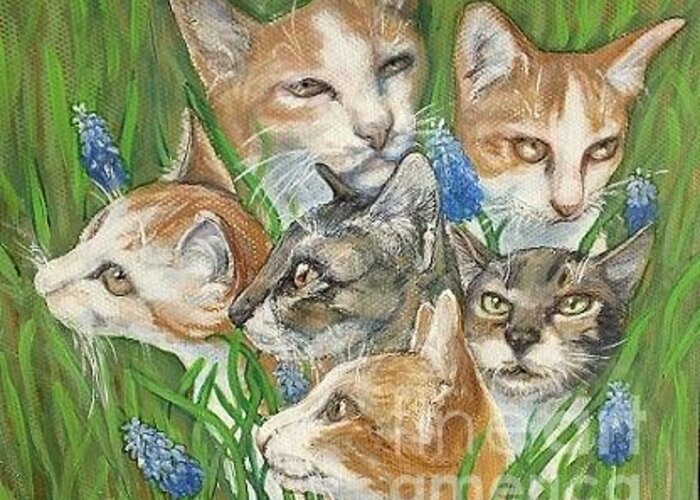 A bunch of cats in the grass Painting by Maria Elena Gonzalez
