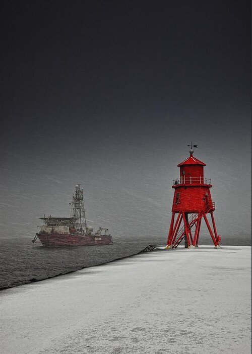 Clouds Greeting Card featuring the photograph A Red Lighthouse Along The Coast In by John Short